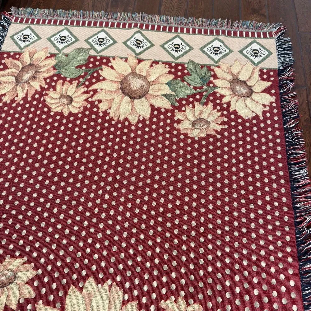 Sunflower Bee Woven Tapestry Throw Blanket Afghan Fringe Red 69x53 Cottagecore